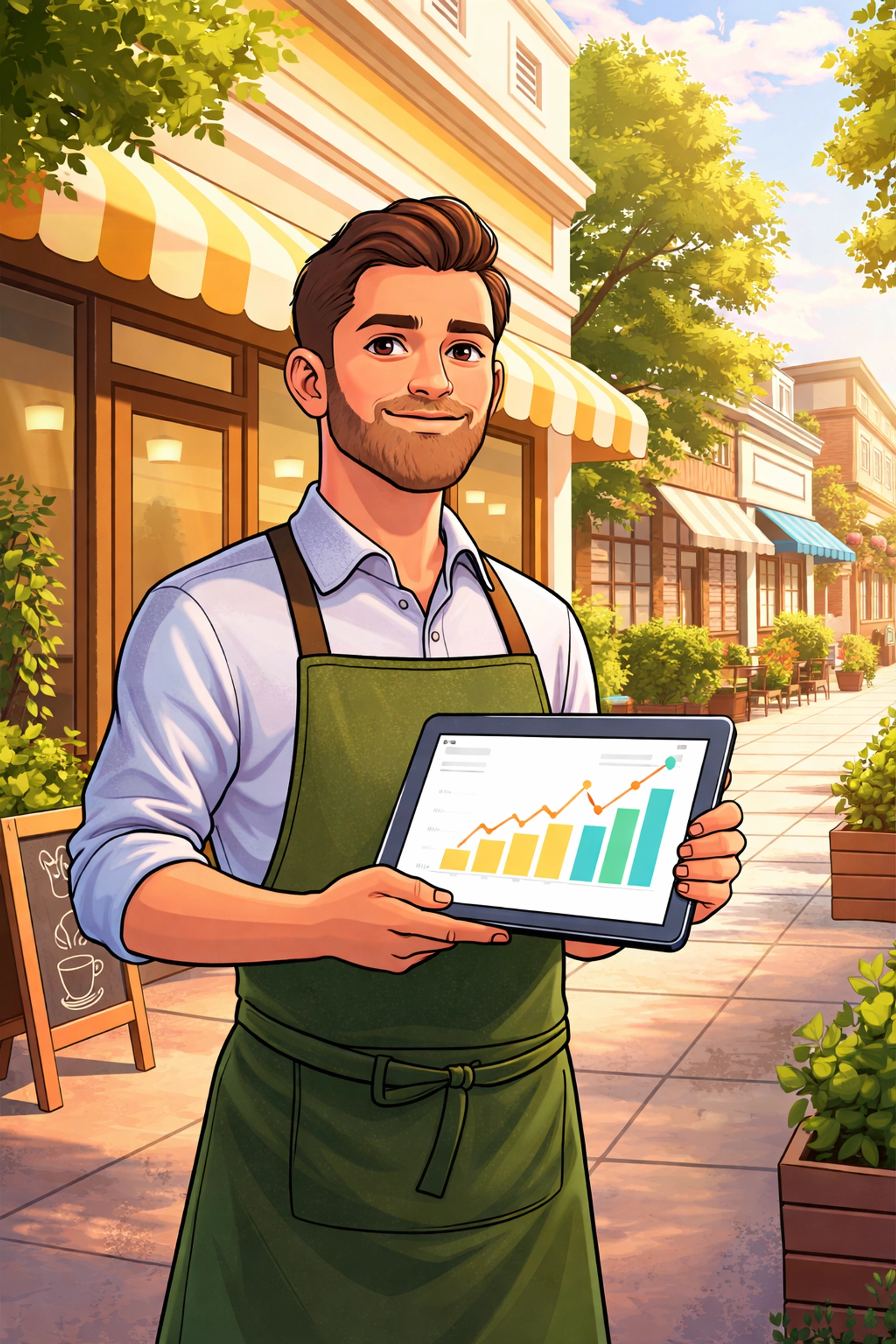 Local business owner with tablet displaying analytics, representing readiness for the future of search engines