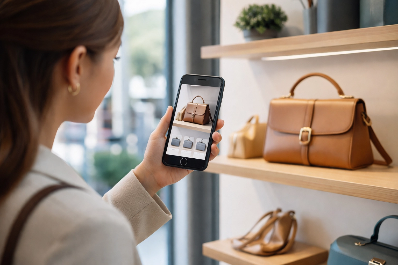 Young shopper using smartphone to scan a handbag in store, demonstrating visual search technology in retail