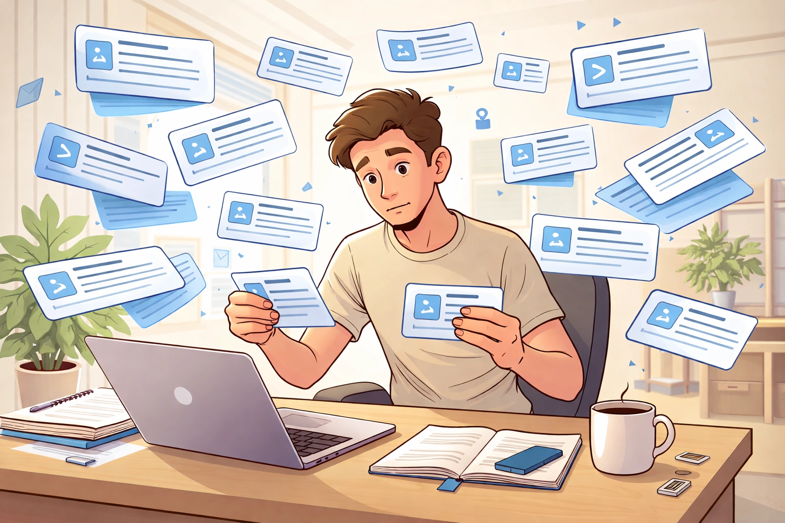 Person at desk sorting through blue search result cards, illustrating traditional search engine overwhelm