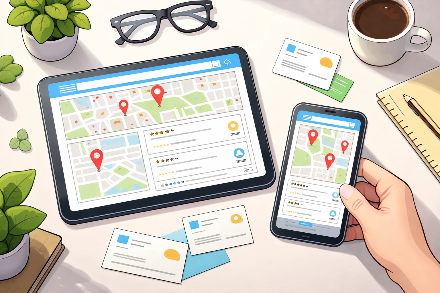 Tablet and smartphone displaying local directory listings for plumbing business citation consistency