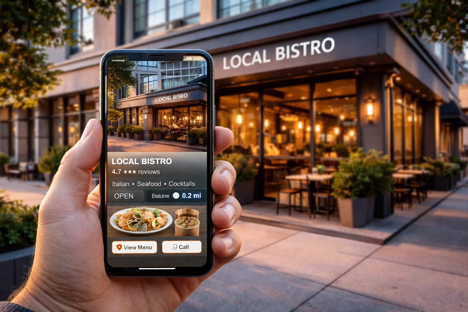 Person using visual search on a smartphone to identify a restaurant storefront on a city street