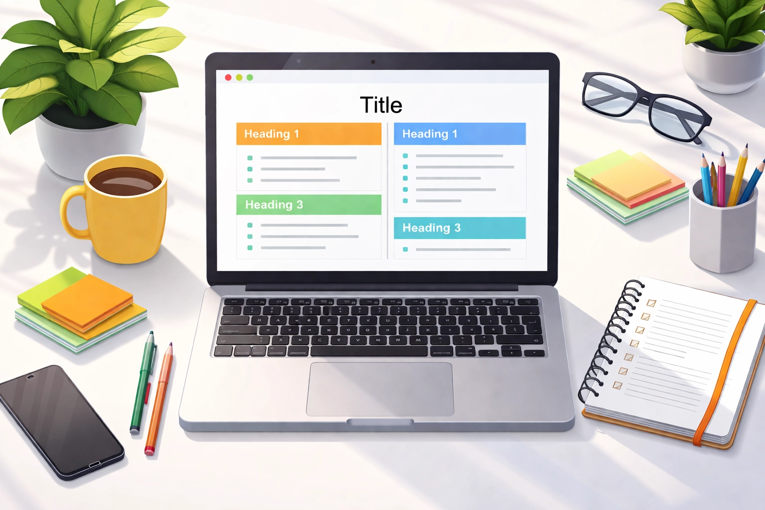 Organized workspace with laptop displaying a structured content outline, highlighting answer engine optimization