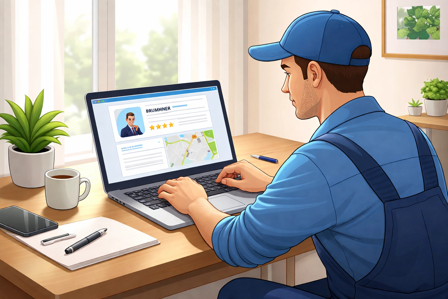 Plumber updating Google Business Profile on laptop for better local SEO and Maps ranking