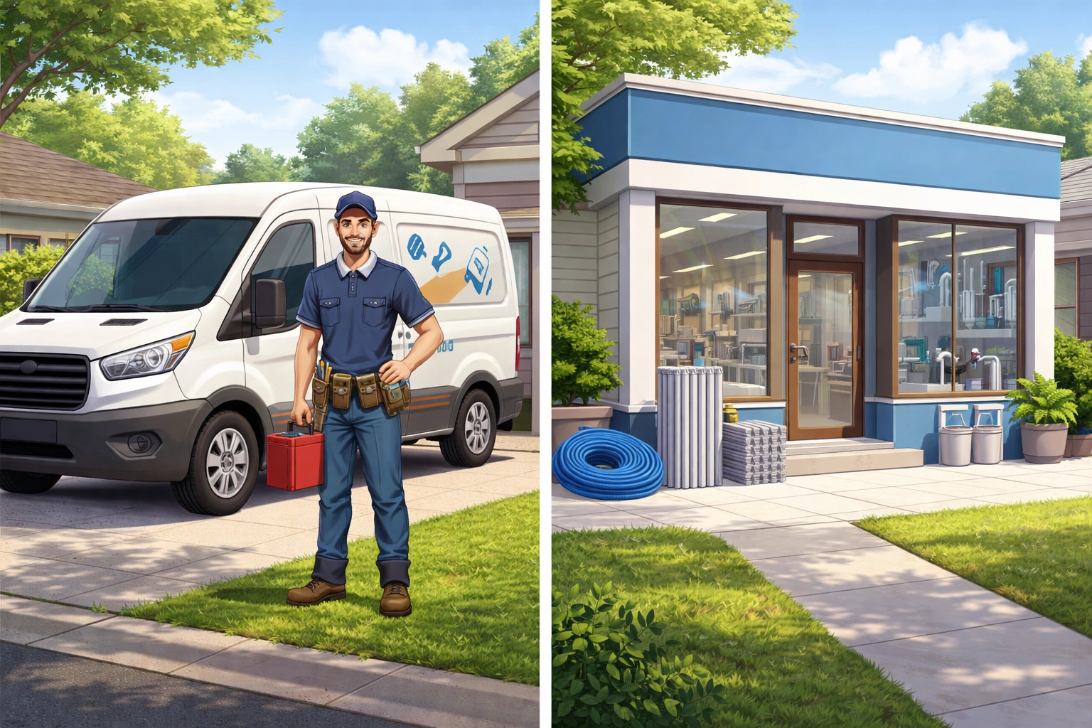 Service area plumber with van and local storefront illustrating business types for Google Maps