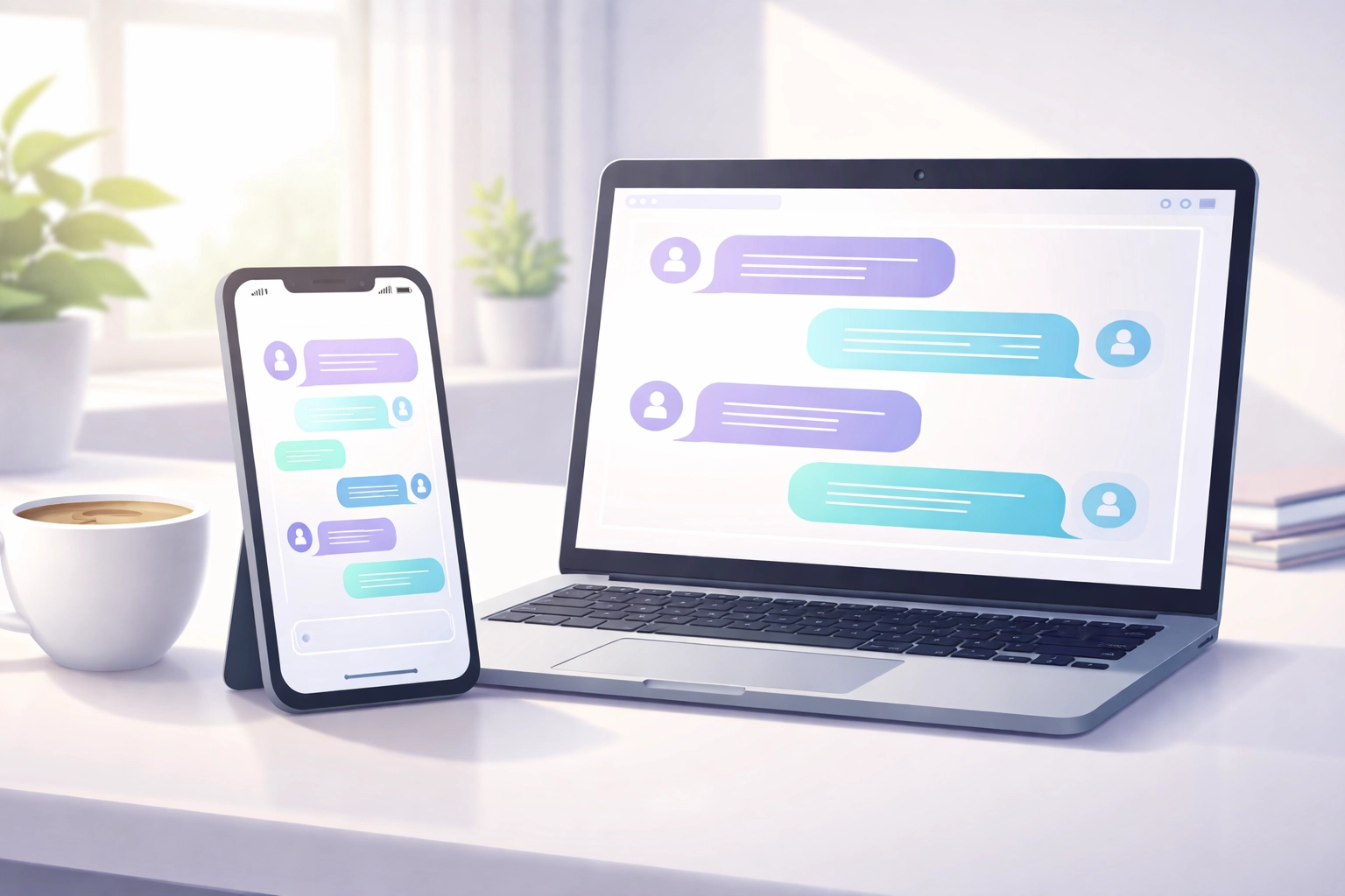 Smartphone and laptop with AI chat interfaces, showing answer engines enabling conversational search