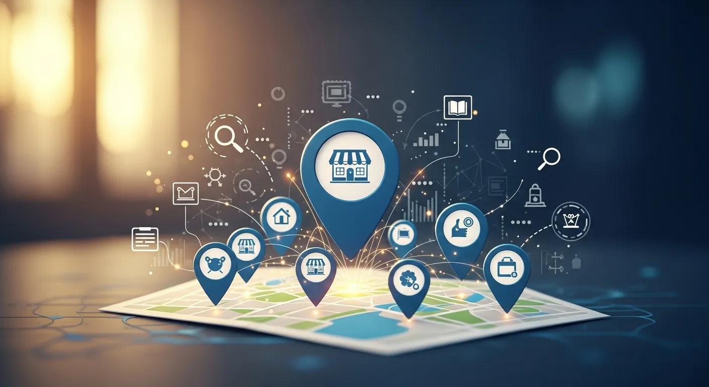 Map with location pins and icons representing local business listings, symbolizing local SEO strategies for increased visibility and customer engagement.