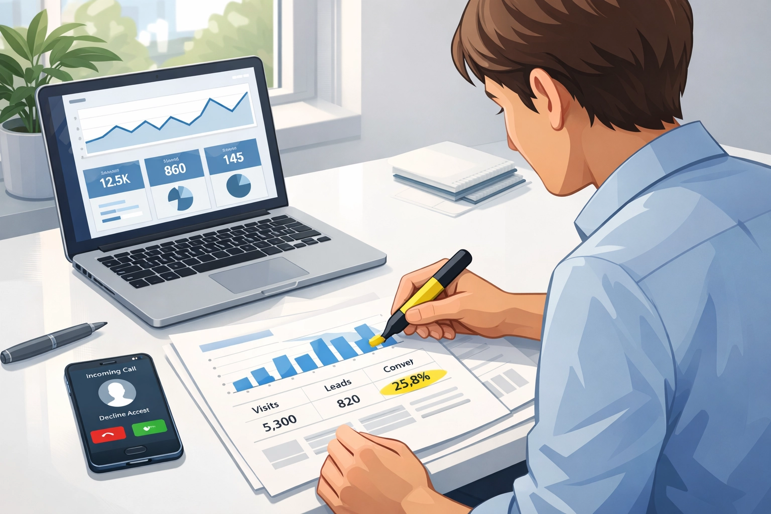 Business owner analyzing conversion tracking data and Google Ads performance reports