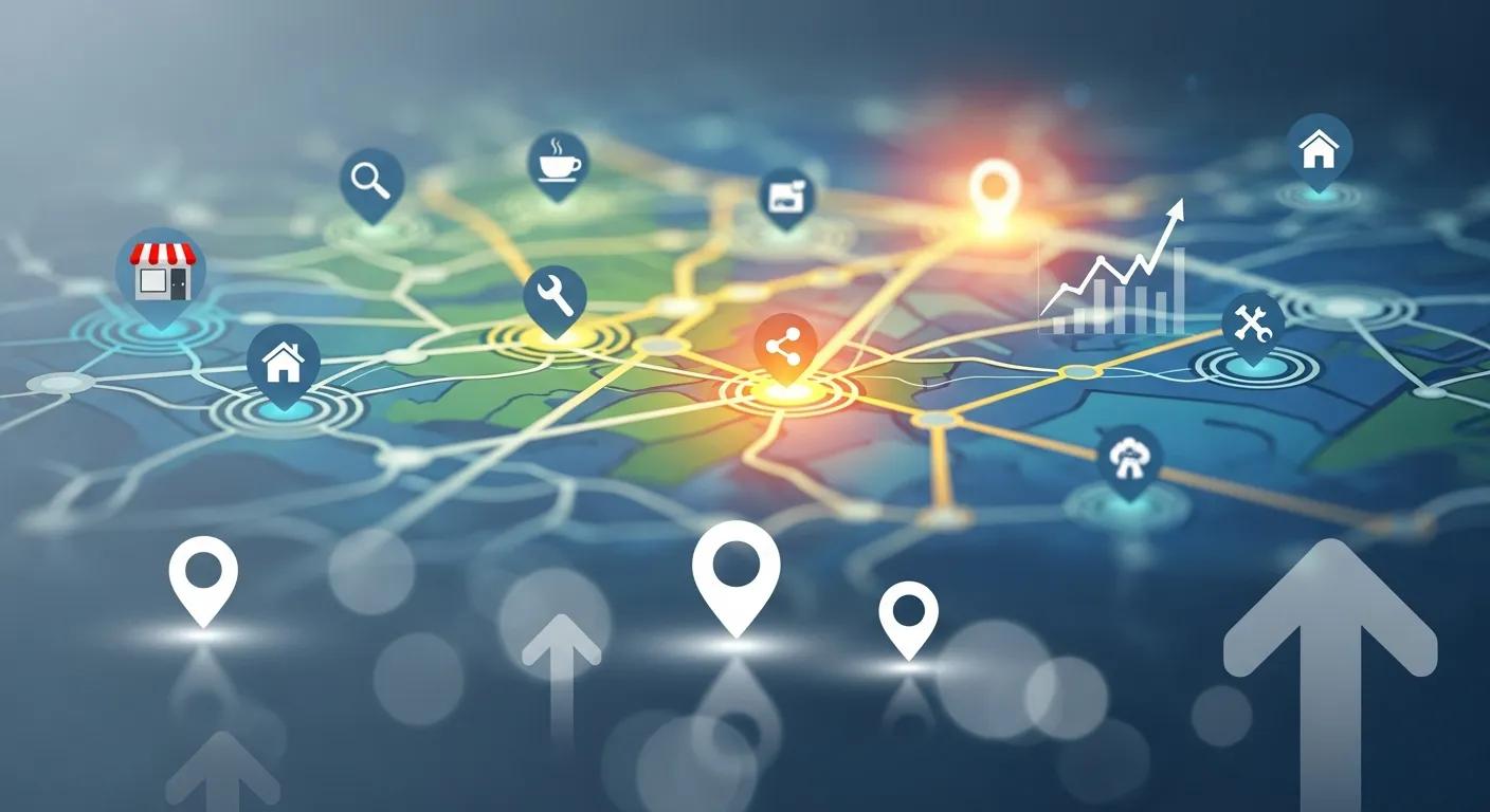 Map illustration featuring various location markers and icons symbolizing local businesses and services, emphasizing local backlinking strategies for enhancing online presence and local SEO.