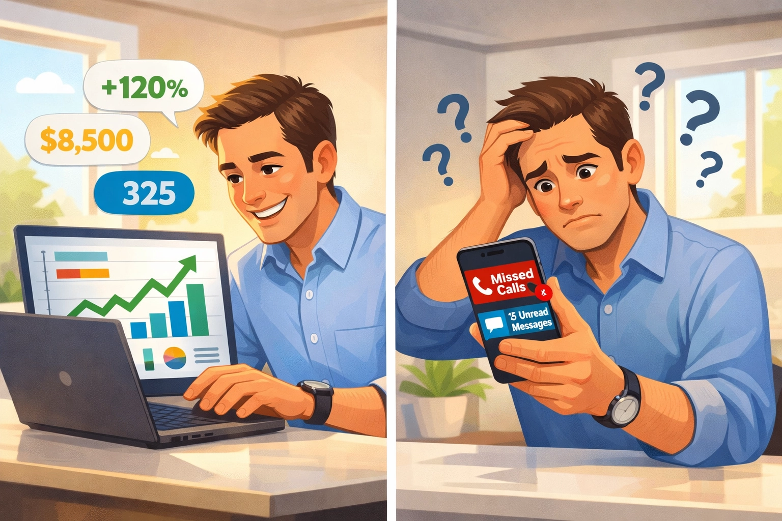 Business owner reviewing analytics dashboard while missing customer calls showing trust deficit