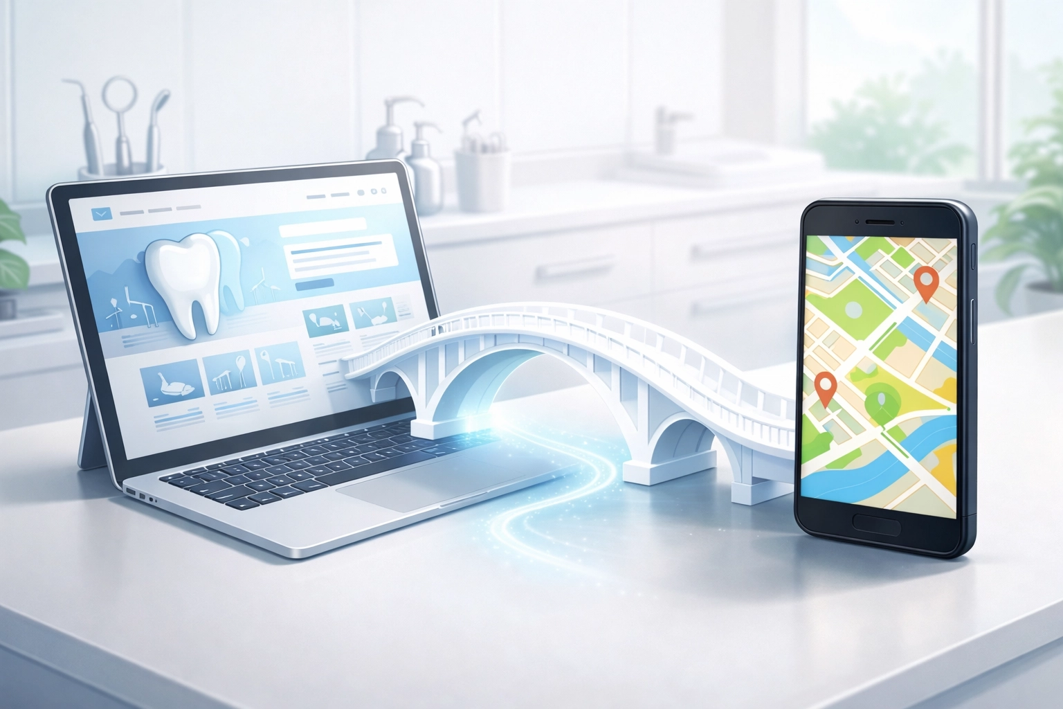 Digital bridge connecting a dental practice website on a laptop to a glowing Google Maps result on a smartphone, symbolizing seamless data integration for local SEO.
