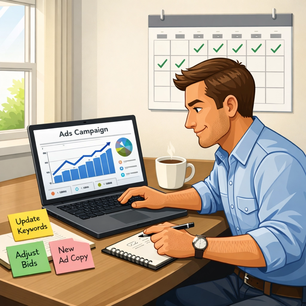 Contractor actively managing and optimizing Google Ads campaigns with weekly performance reviews