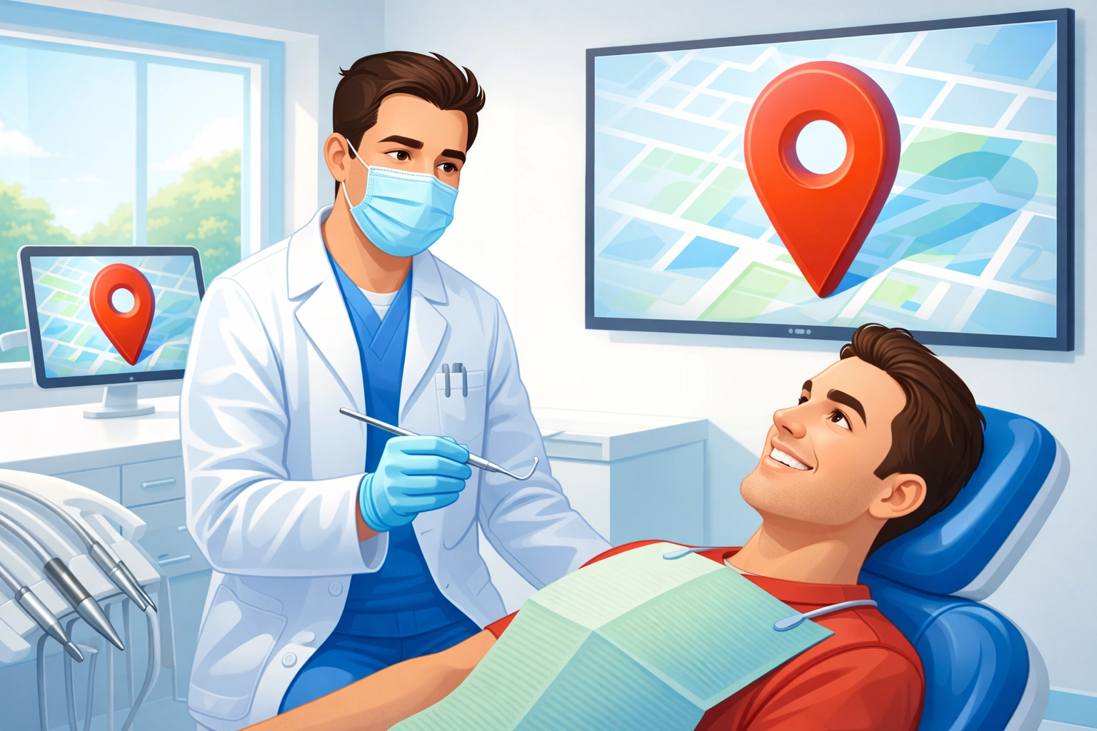 Cartoon of a dentist in a dental clinic using a dental tool on a patient, with screens displaying a map pin icon, highlighting local SEO for dental practices.
