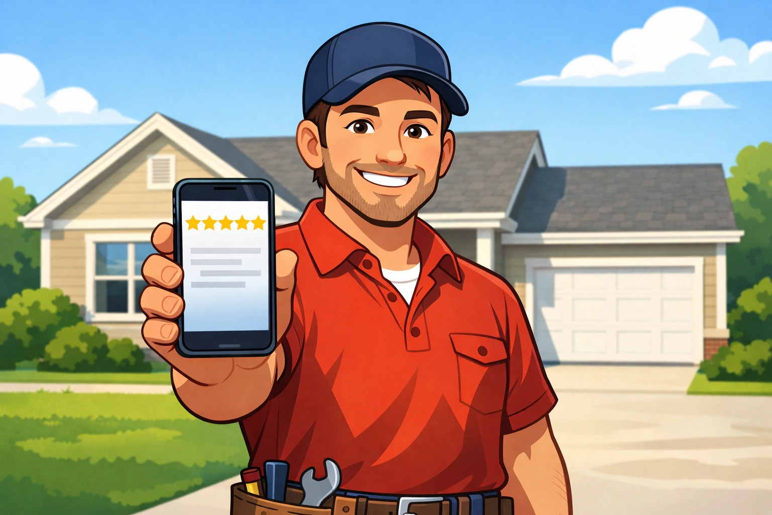 Home service business owner collecting customer feedback on a smartphone outside a home