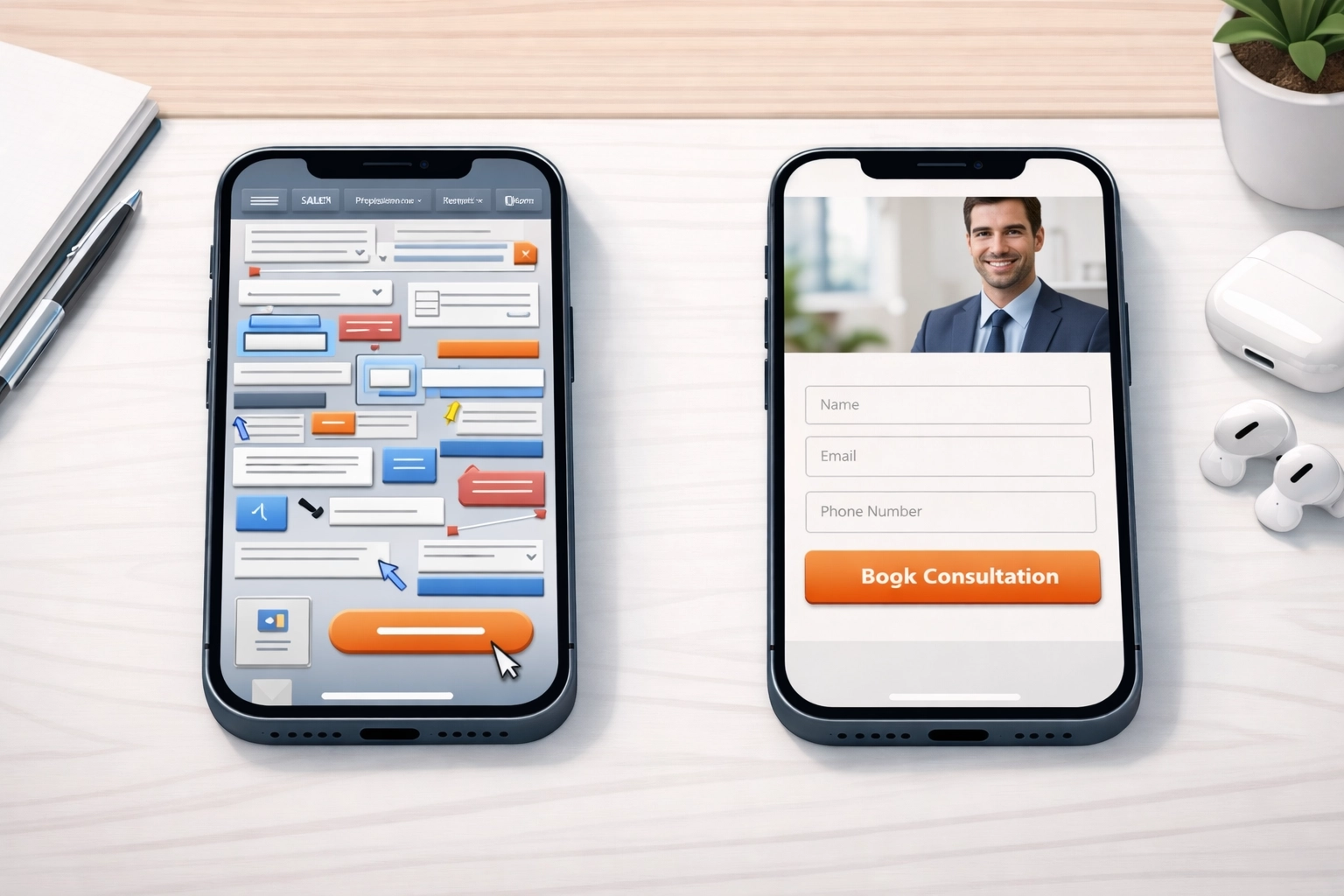 Comparison between a confusing mobile professional services intake page and a clean conversion-first layout with a prominent consult CTA.