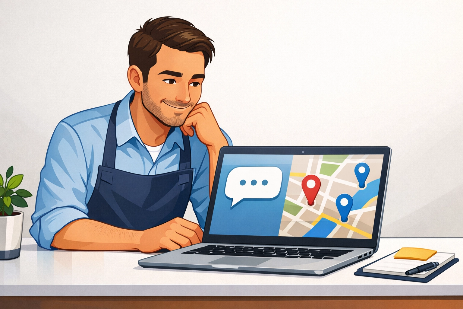 Local business owner reviewing AI answers and a city map on a laptop