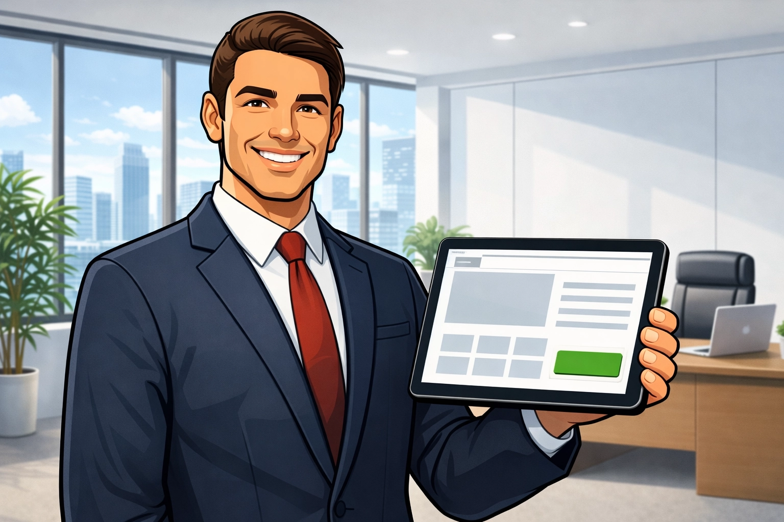 Professional consultant in an office holding a tablet with a conversion-focused website layout and a clear CTA button.