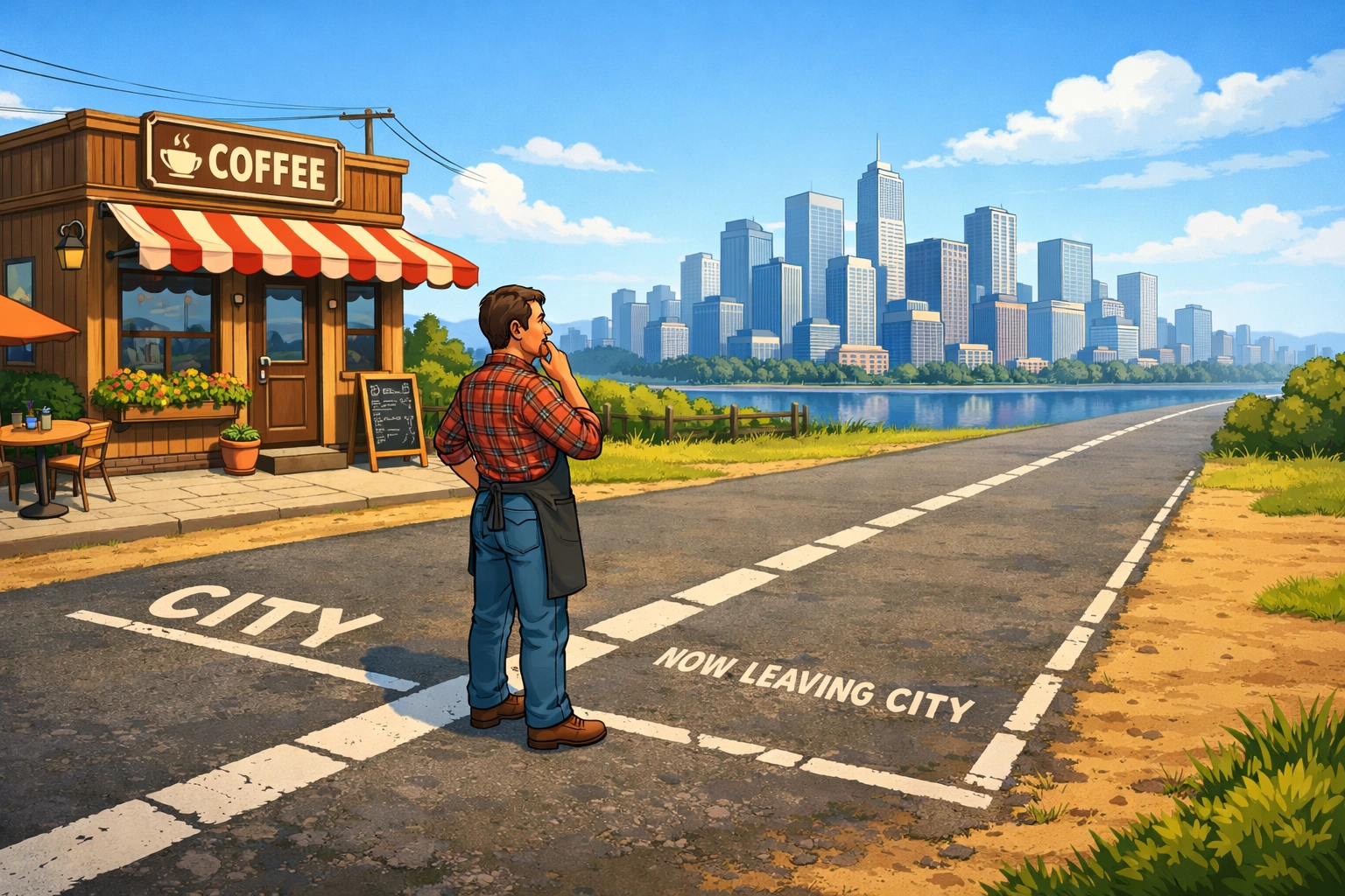 Local business storefront located outside city boundary with downtown skyline in background