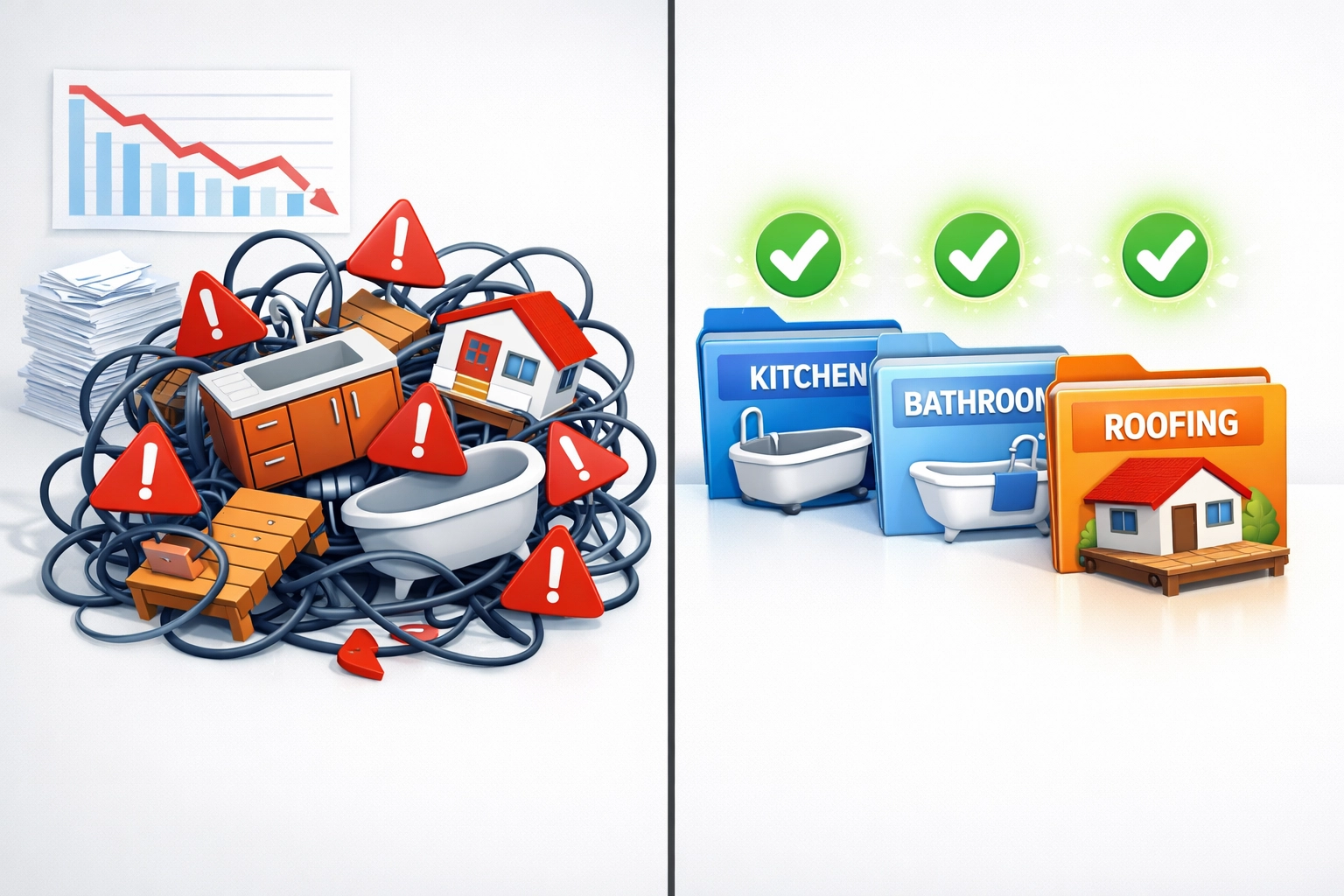 Comparison of disorganized versus organized Google Ads campaign structure for contractors