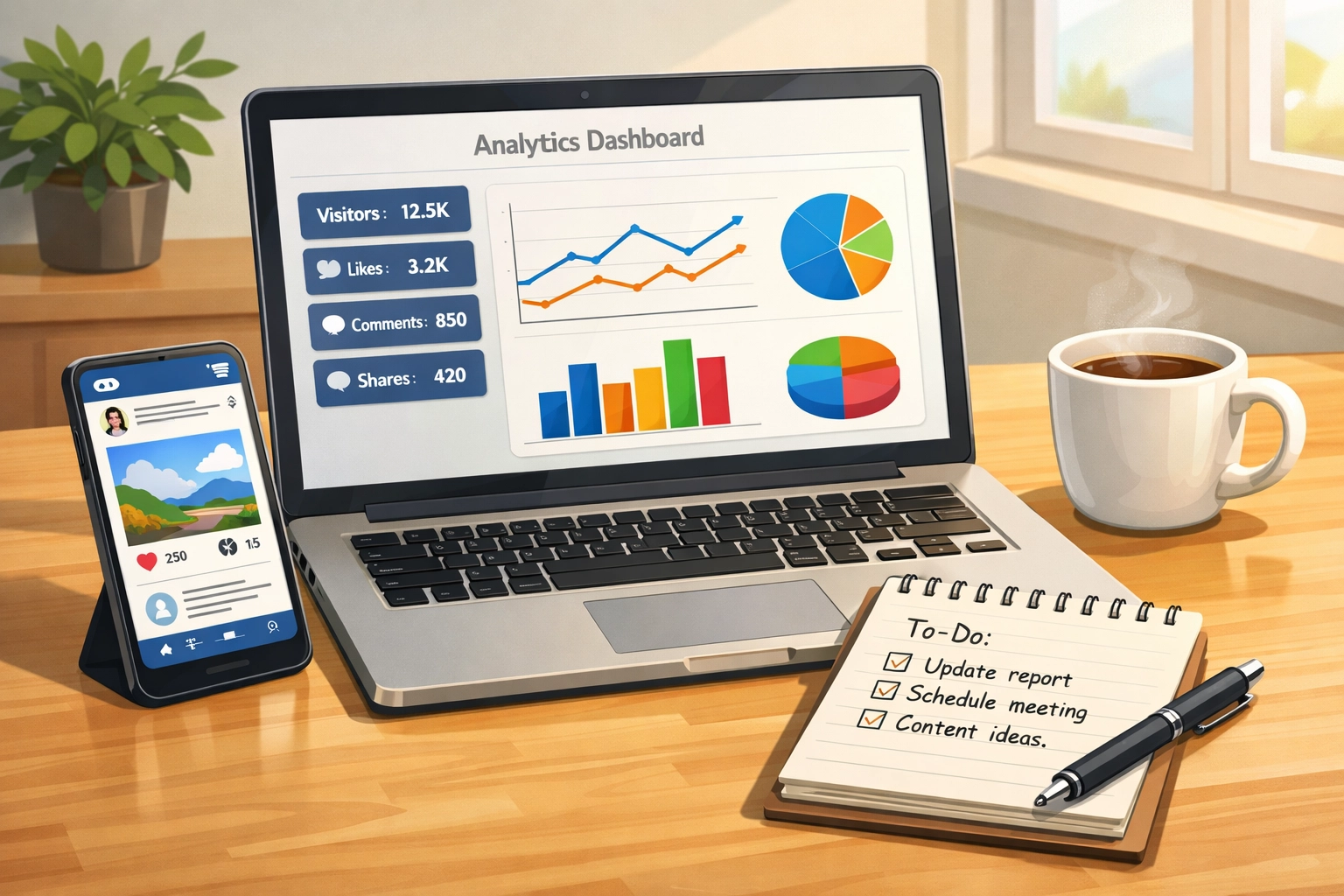 Digital marketing workspace showing influencer campaign analytics and engagement metrics