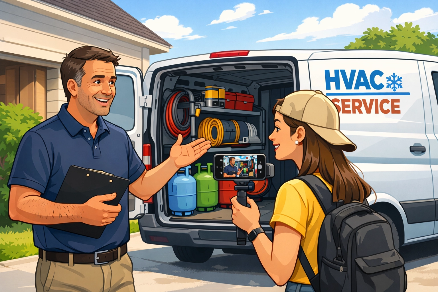 HVAC contractor partnering with content creator for behind-the-scenes business storytelling