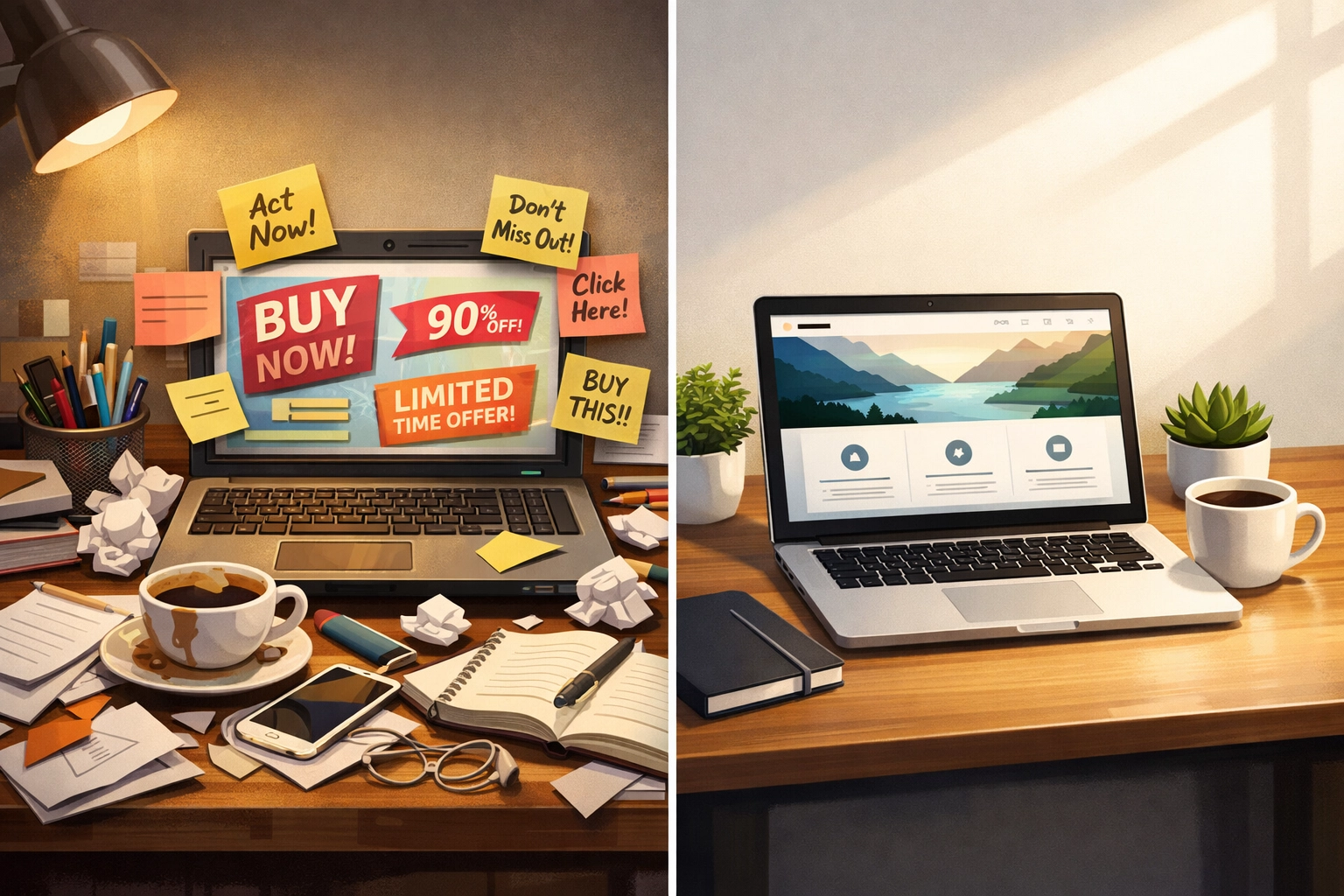 Comparison of inconsistent messaging workspace versus organized credible brand presentation