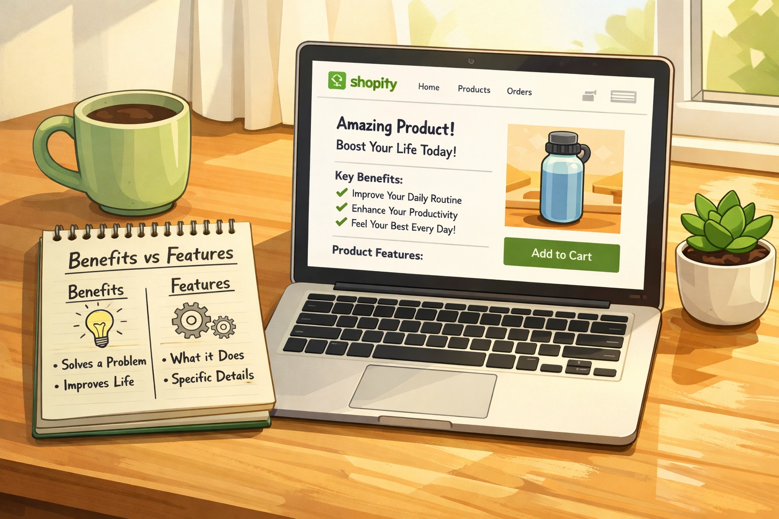 Writing compelling Shopify product descriptions focused on customer benefits over features