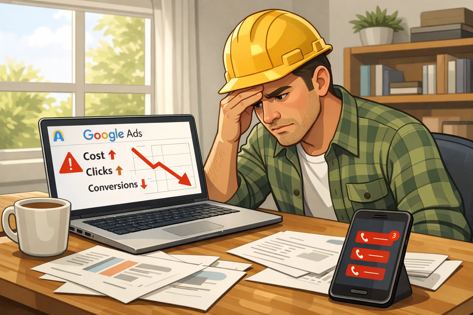 Frustrated contractor reviewing rising Google Ads costs and declining performance metrics