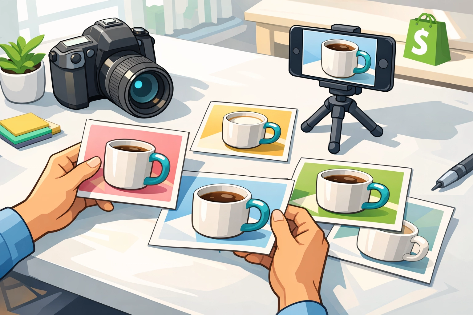 Shopify merchant preparing professional product photos from multiple angles for e-commerce store