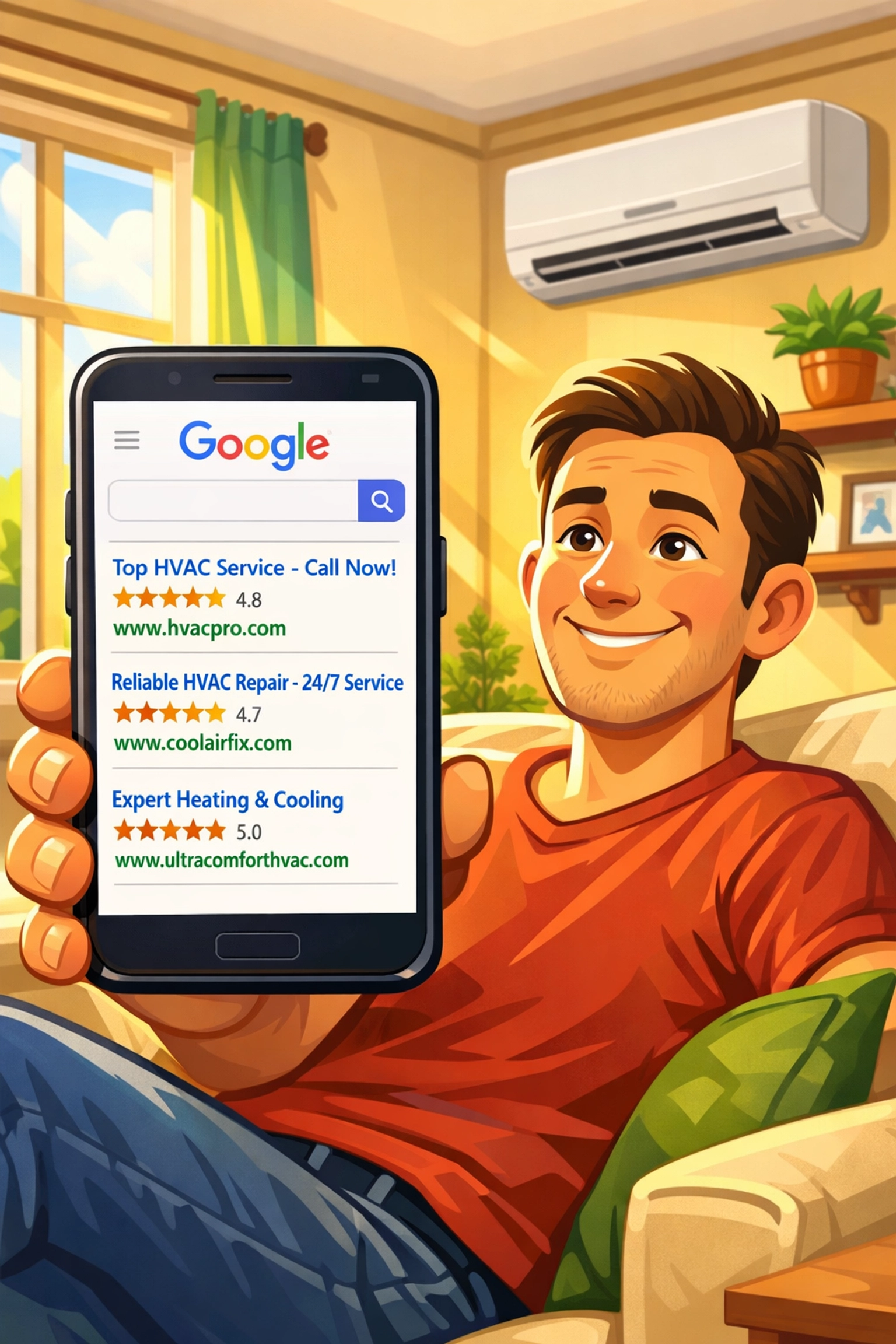Homeowner searching for HVAC services on smartphone