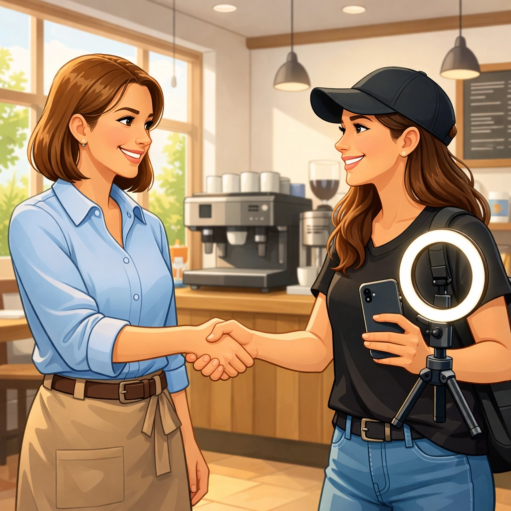 Local business owner and micro-influencer shaking hands in coffee shop partnership meeting
