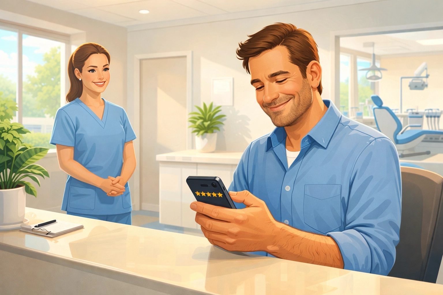 Cartoon illustration of a patient leaving a 5-star review on a smartphone at a dental reception desk, with a smiling dental assistant in scrubs in the background.
