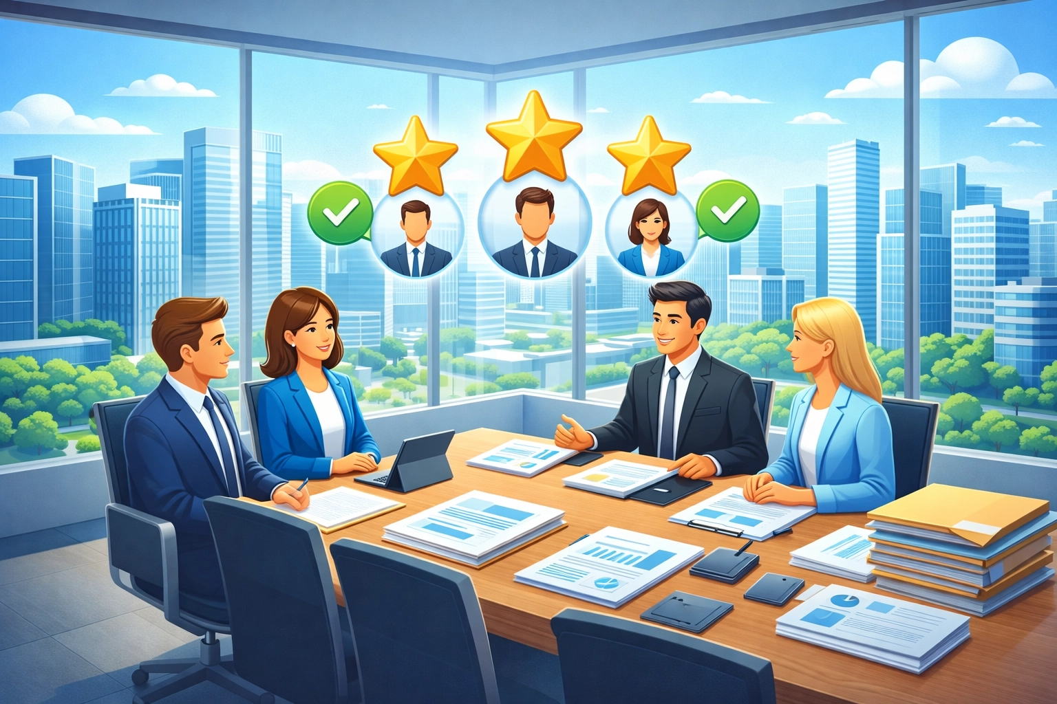 Professional services credibility scene with abstract review icons and client trust signals in a business setting.