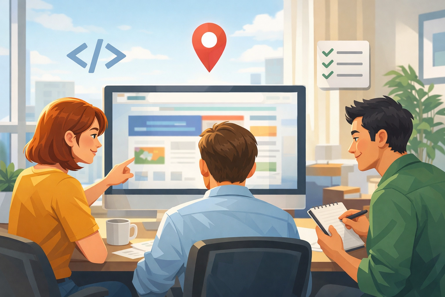 Team reviewing a website with structured data and local SEO elements on screen