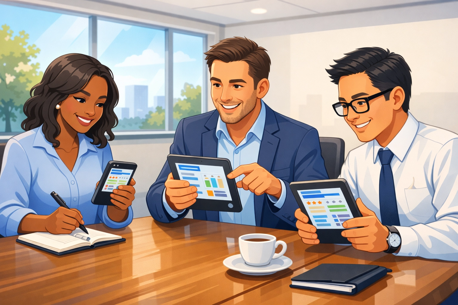 Business professionals researching vendors on tablets comparing reviews and credibility signals