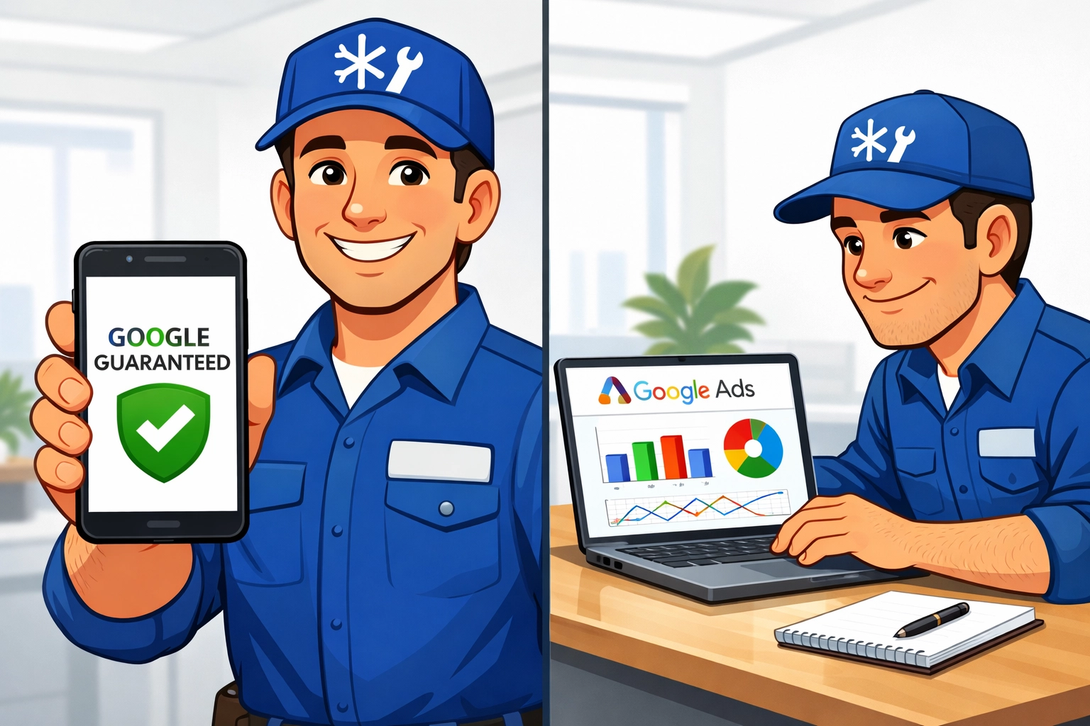 HVAC technician comparing Google Local Services Ads with Google Ads dashboard