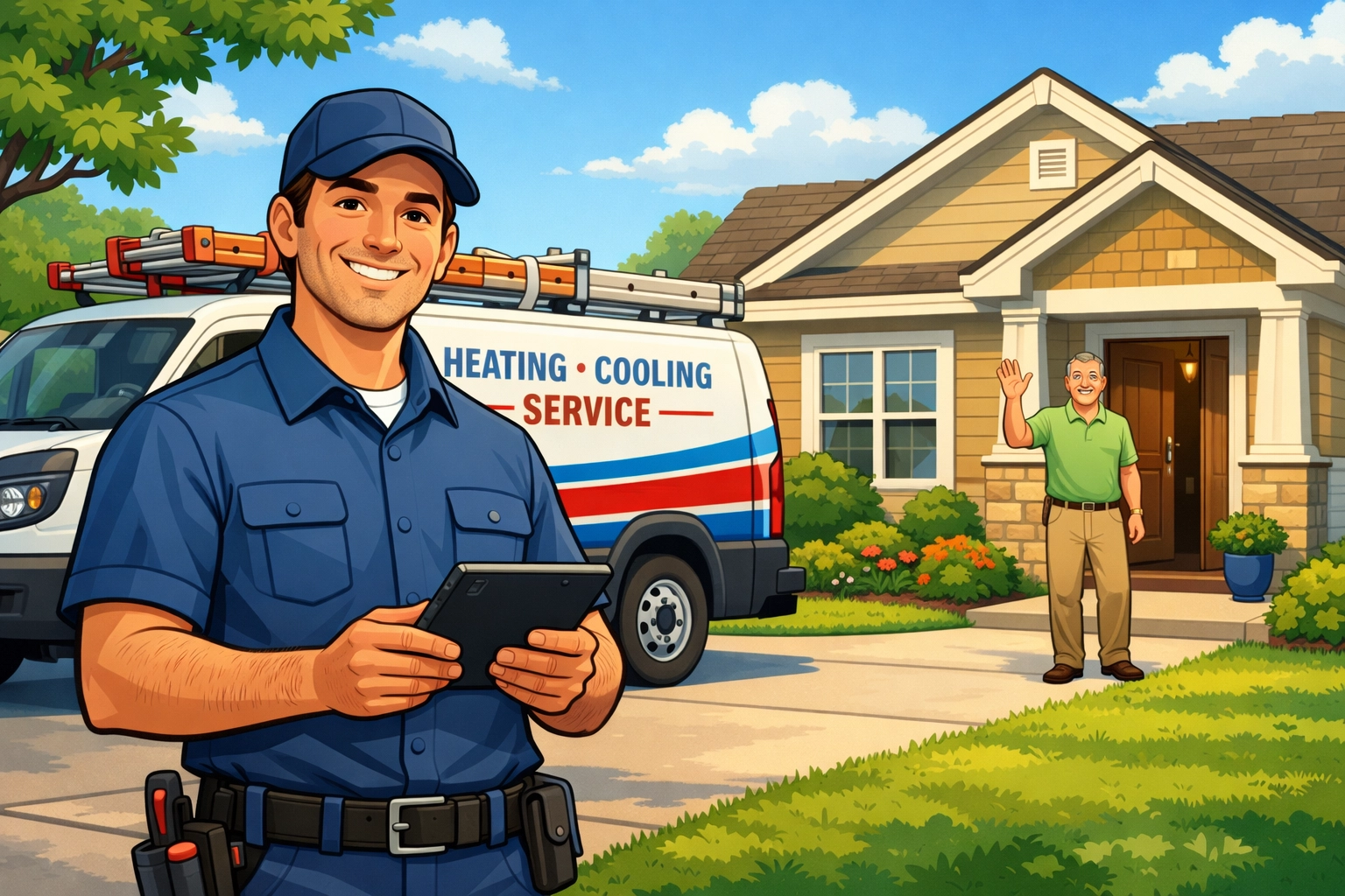 HVAC service truck at customer home for local service call