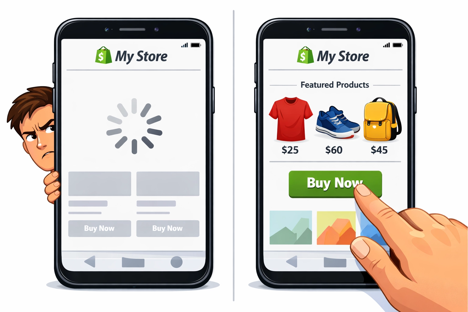 Comparison of slow loading vs fast loading Shopify mobile store impacting conversion rates