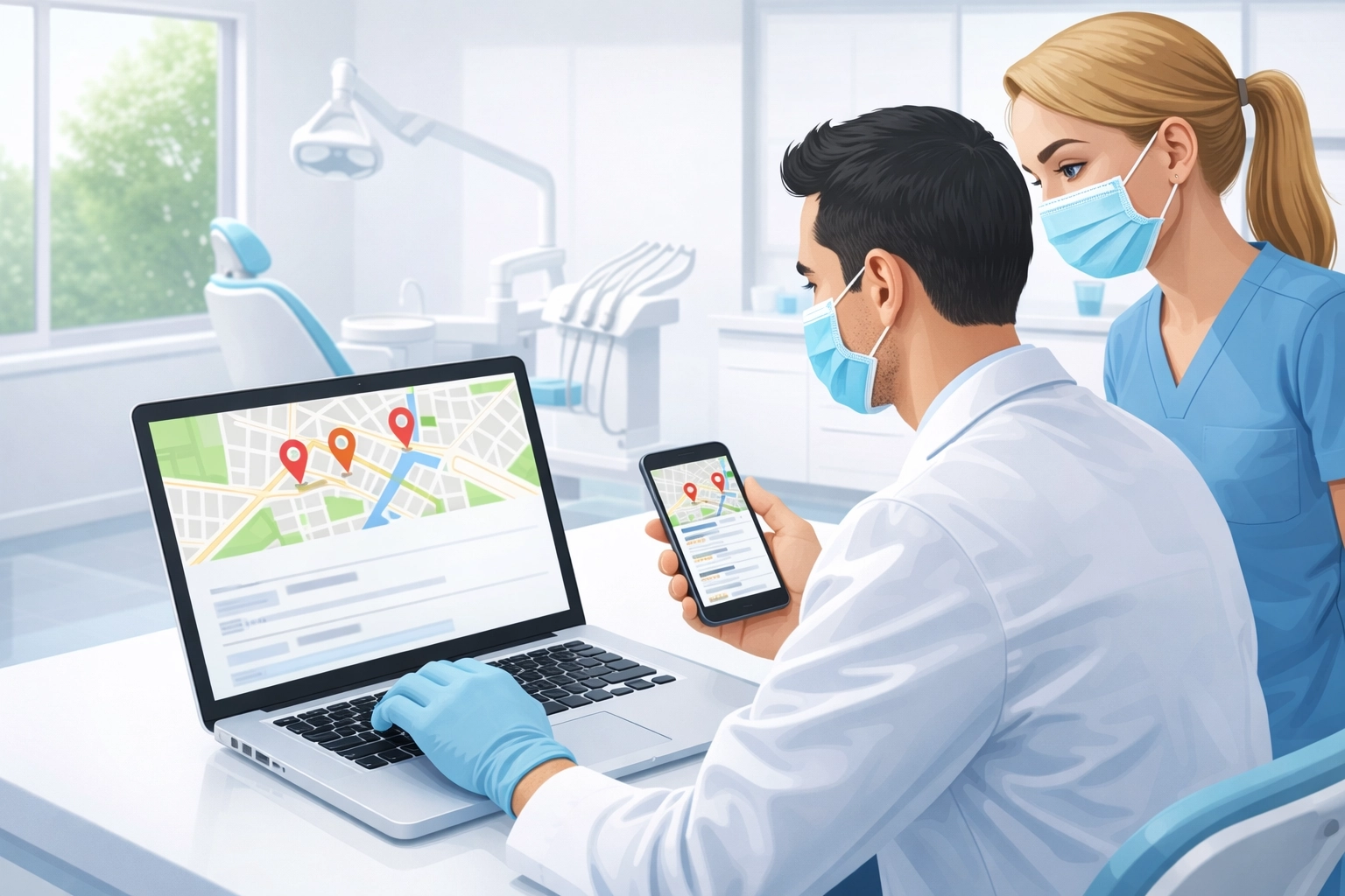 w8vWcKDqw2t Dental professionals analyzing Google Maps listings on a laptop and smartphone, emphasizing local SEO strategies for dental practices.