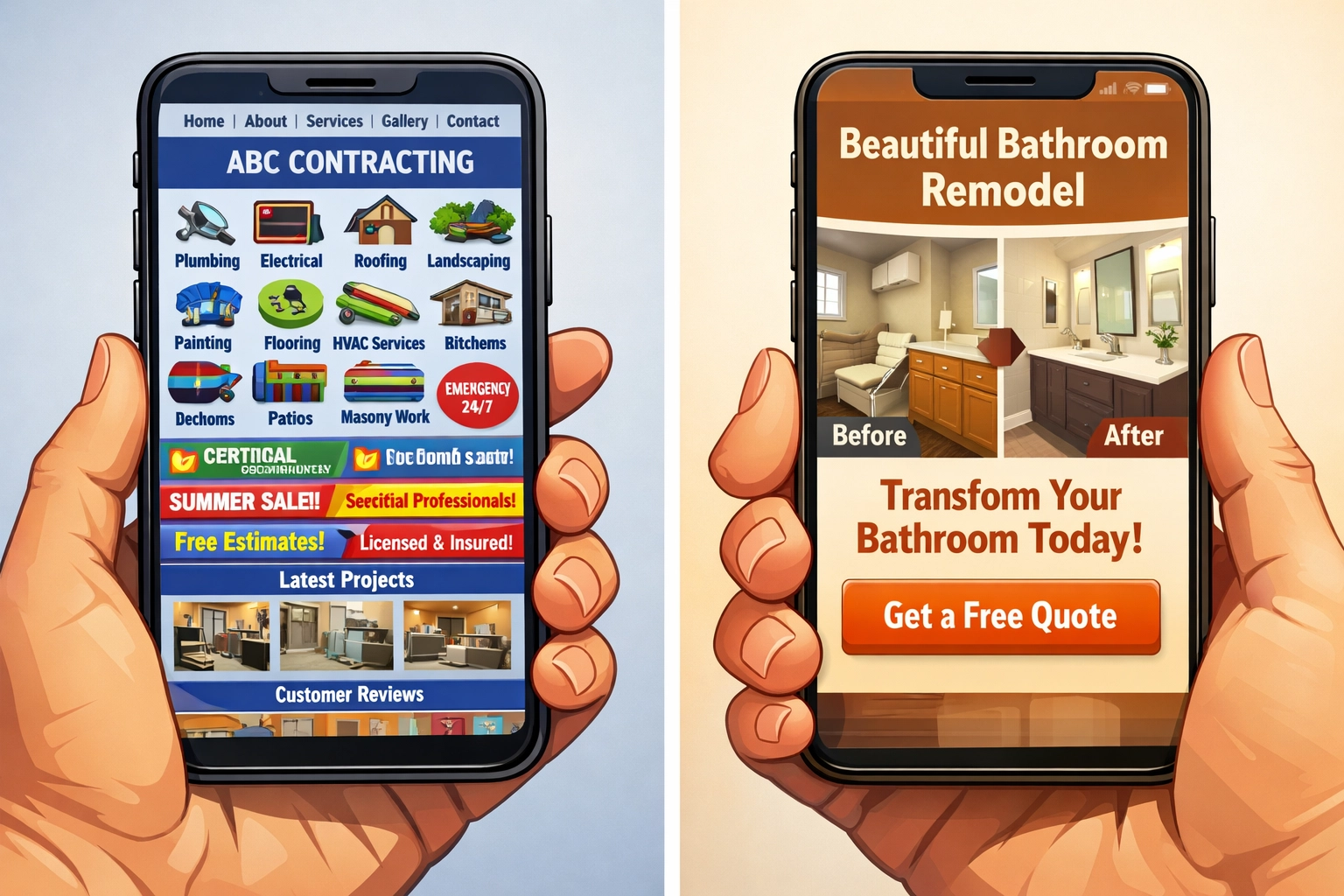 Mobile comparison showing cluttered contractor homepage versus optimized service landing page