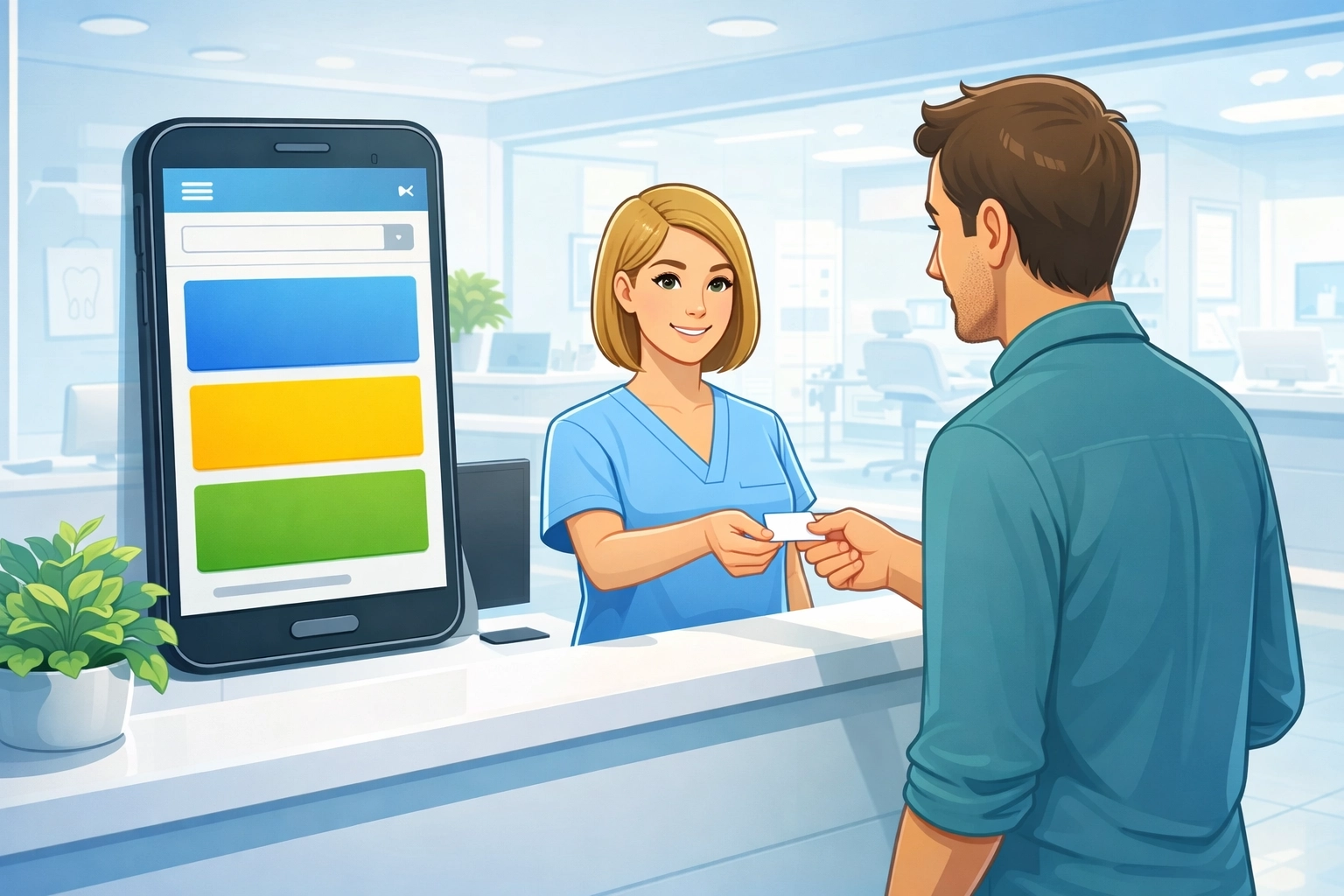 Cartoon of a dental receptionist in scrubs handing an appointment card to a patient, with a smartphone displaying a colorful website layout in the background.