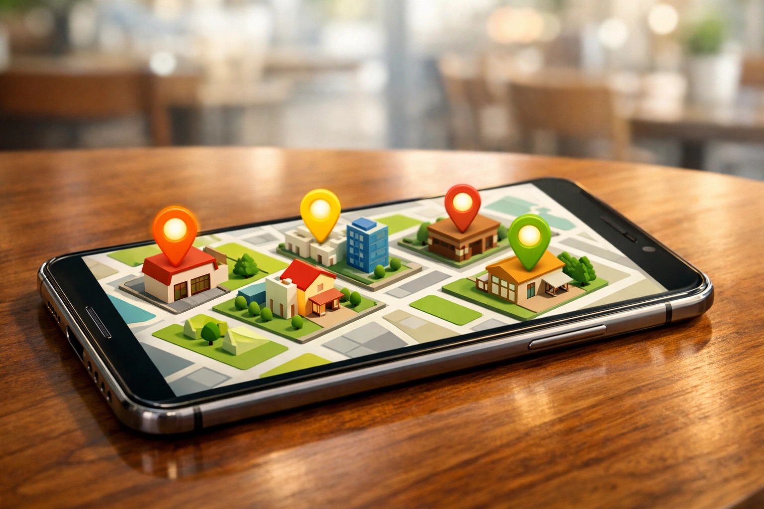 Smartphone displaying a 3D map of a neighborhood with colorful location pins representing top-rated local businesses, emphasizing AI-driven search and local discovery.