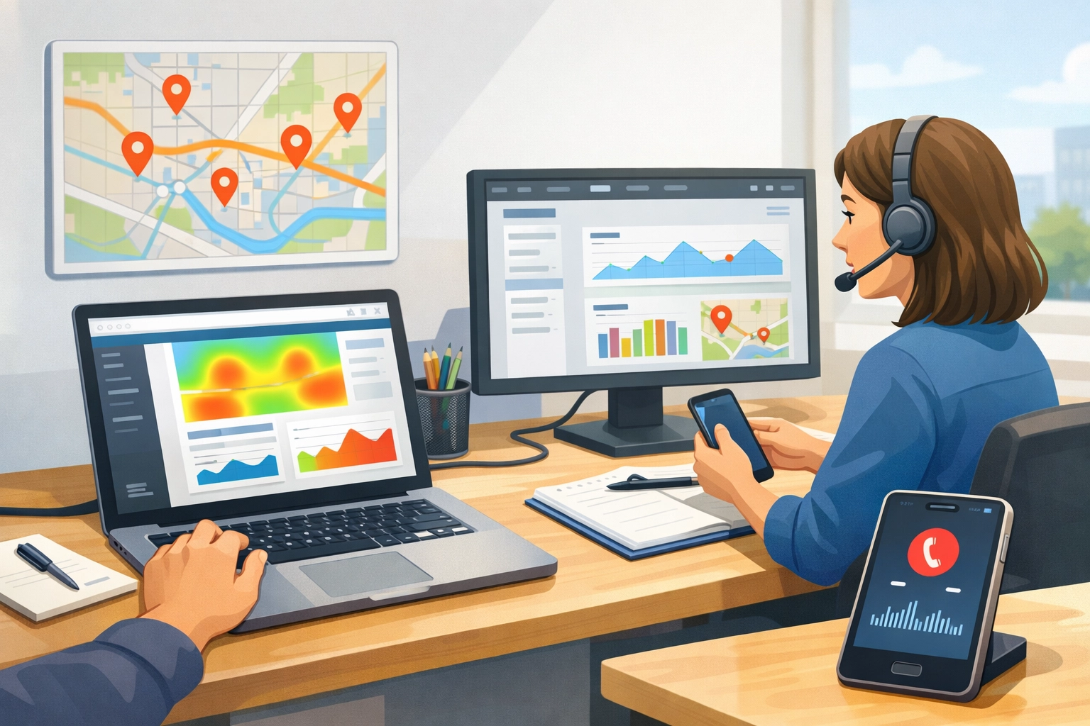 1yTMcCkywaV Woman using a headset and smartphone, analyzing data on multiple screens with heatmaps and graphs, showcasing digital marketing and first-party data strategies.