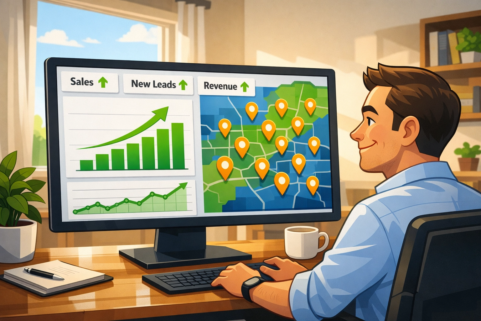 Business owner monitoring lead growth and local service area pins on a digital marketing analytics dashboard.