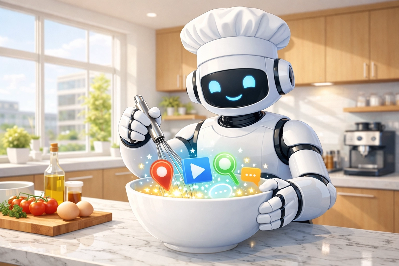 Friendly robot chef mixing colorful social media and digital marketing icons in a glowing bowl, symbolizing AI-driven advertising strategies in a bright kitchen setting.