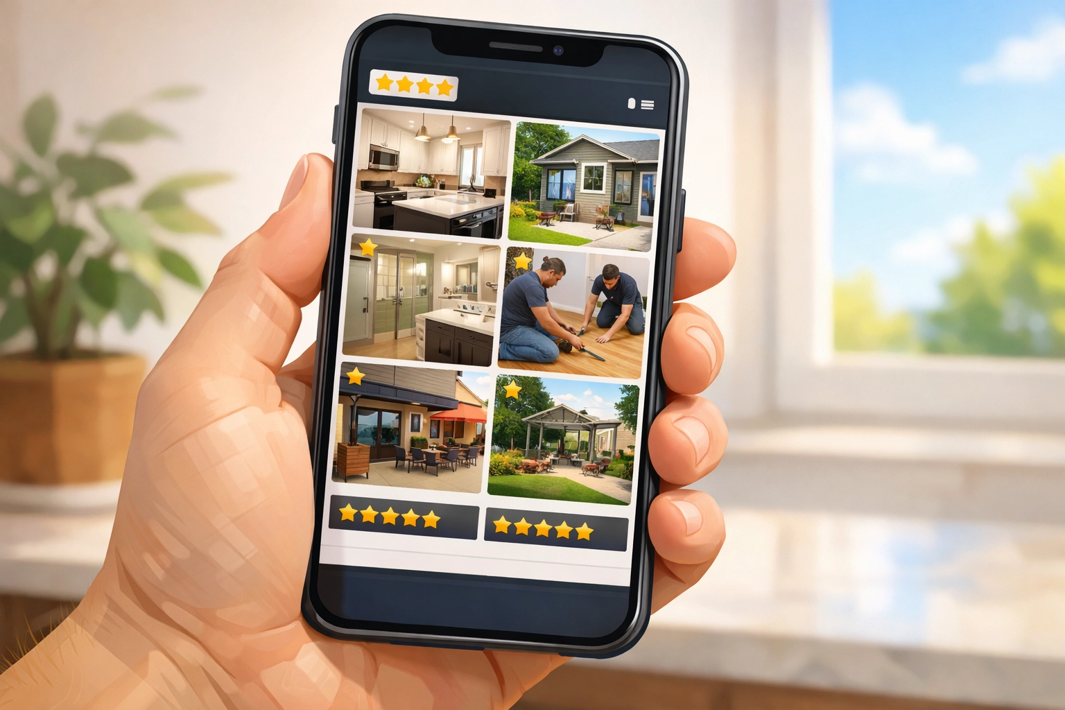 Cartoon landscape: hand holding a smartphone with a generic local business photo gallery and star icons.