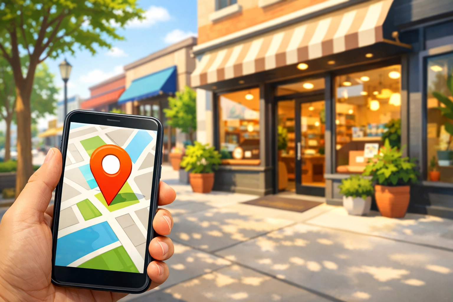 Person using local search results on a smartphone to find a nearby retail storefront.