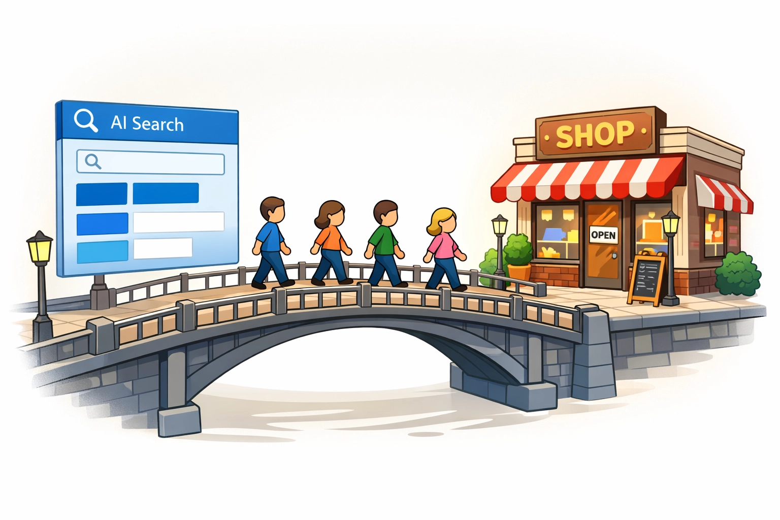 A digital bridge connecting AI search engine results to a local business website storefront.