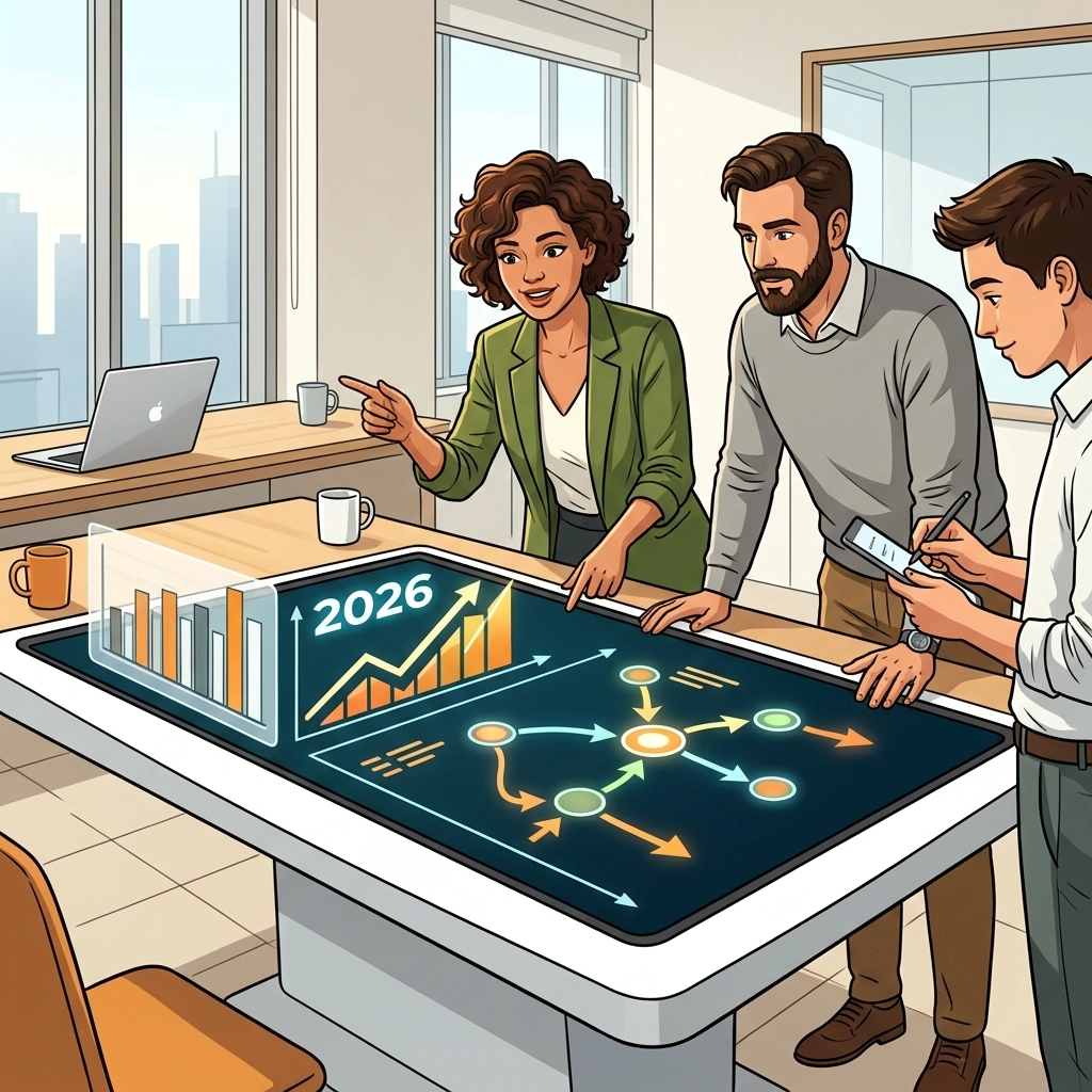 Business professionals analyzing data trends for 2026 on a digital touchscreen table, showcasing graphs and analytics in a modern office setting.