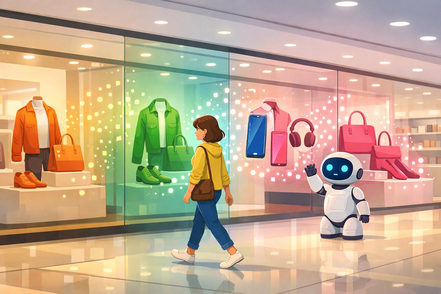Personalized digital storefront window adapting displays to real-time customer data.