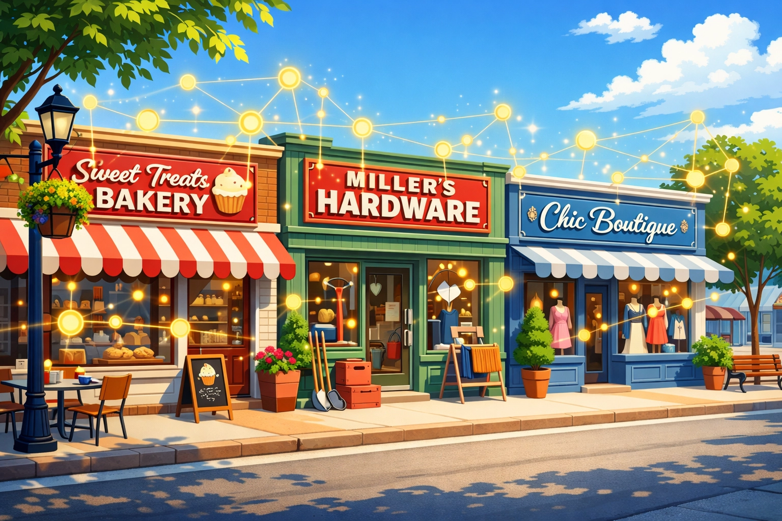 Colorful cartoon-style local street featuring Sweet Treats Bakery, Miller's Hardware, and Chic Boutique, with digital AI sparkles highlighting shop signs, illustrating real-time information scanning for local businesses.